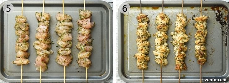 Two photos side-by-side showing marinated chicken threaded onto skewers before cooking and the golden-brown, cooked chicken spiedini.