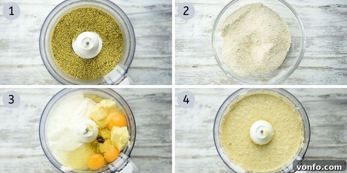 Pistachio White Chocolate Dream Muffins 3 Step by step photos showing how to make pistachio muffins from blending ingredients to baking, emphasizing ease of use with a food processor