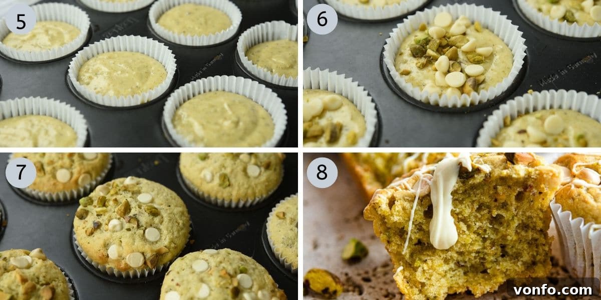 Pistachio White Chocolate Dream Muffins 4 Four photos demonstrating how to fill muffin cases, add toppings, and the final baked pistachio muffins cooling, perfect for a visual guide