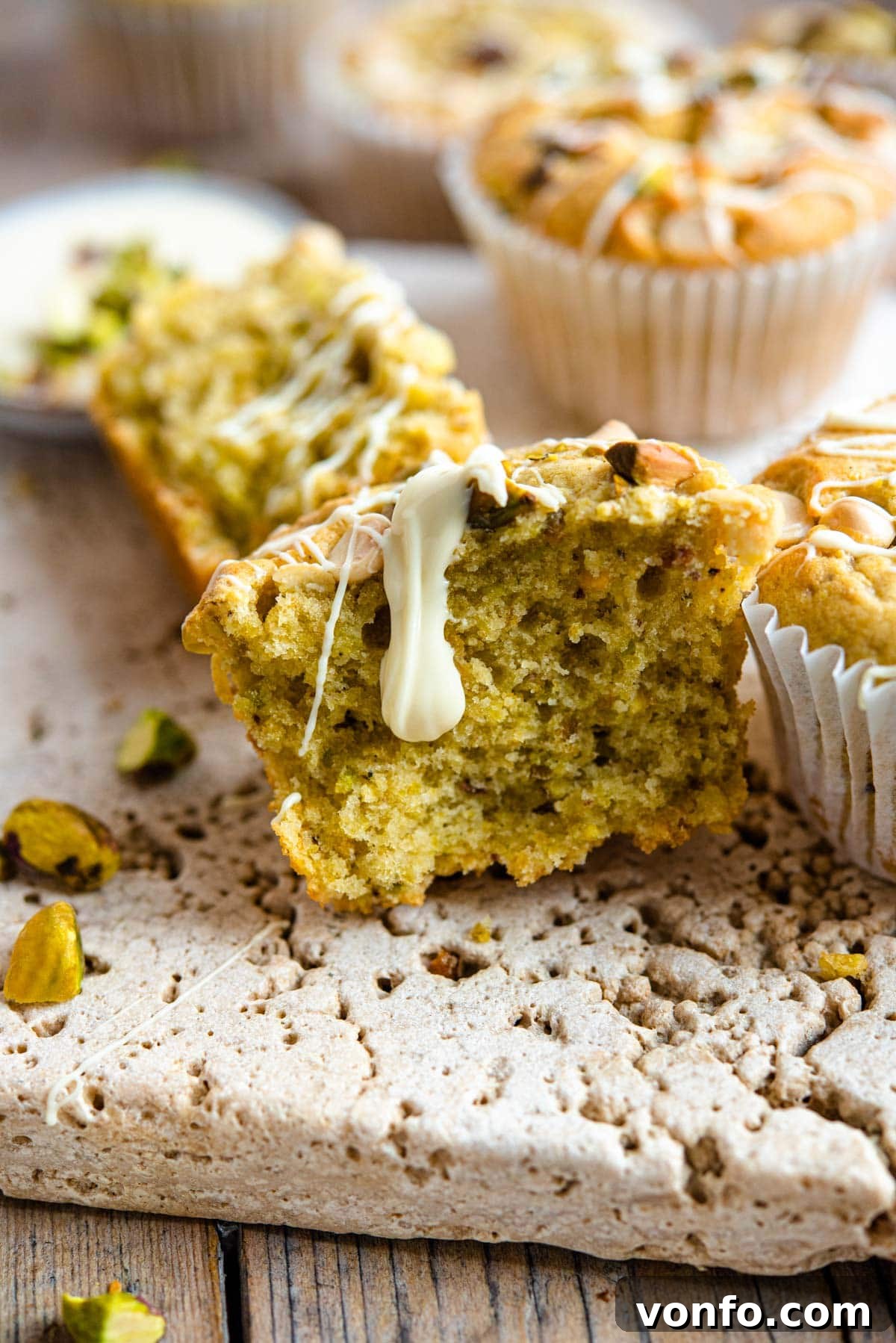 Pistachio White Chocolate Dream Muffins 5 A close up of a pistachio muffin cut in half with white chocolate drizzled on top, showcasing its moist interior and delicious toppings
