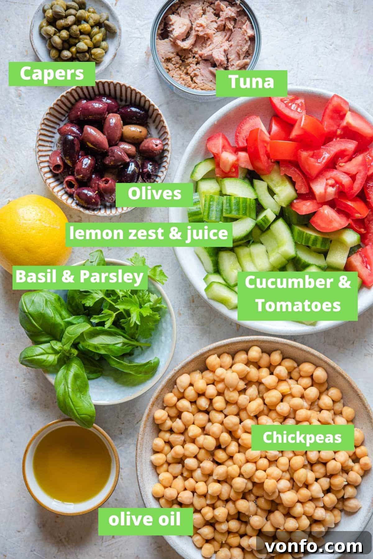 Faux Tuna Chickpea Salad 3 An overhead shot showcasing all the fresh, colorful ingredients laid out before assembly for the Chickpea Tuna Salad recipe.