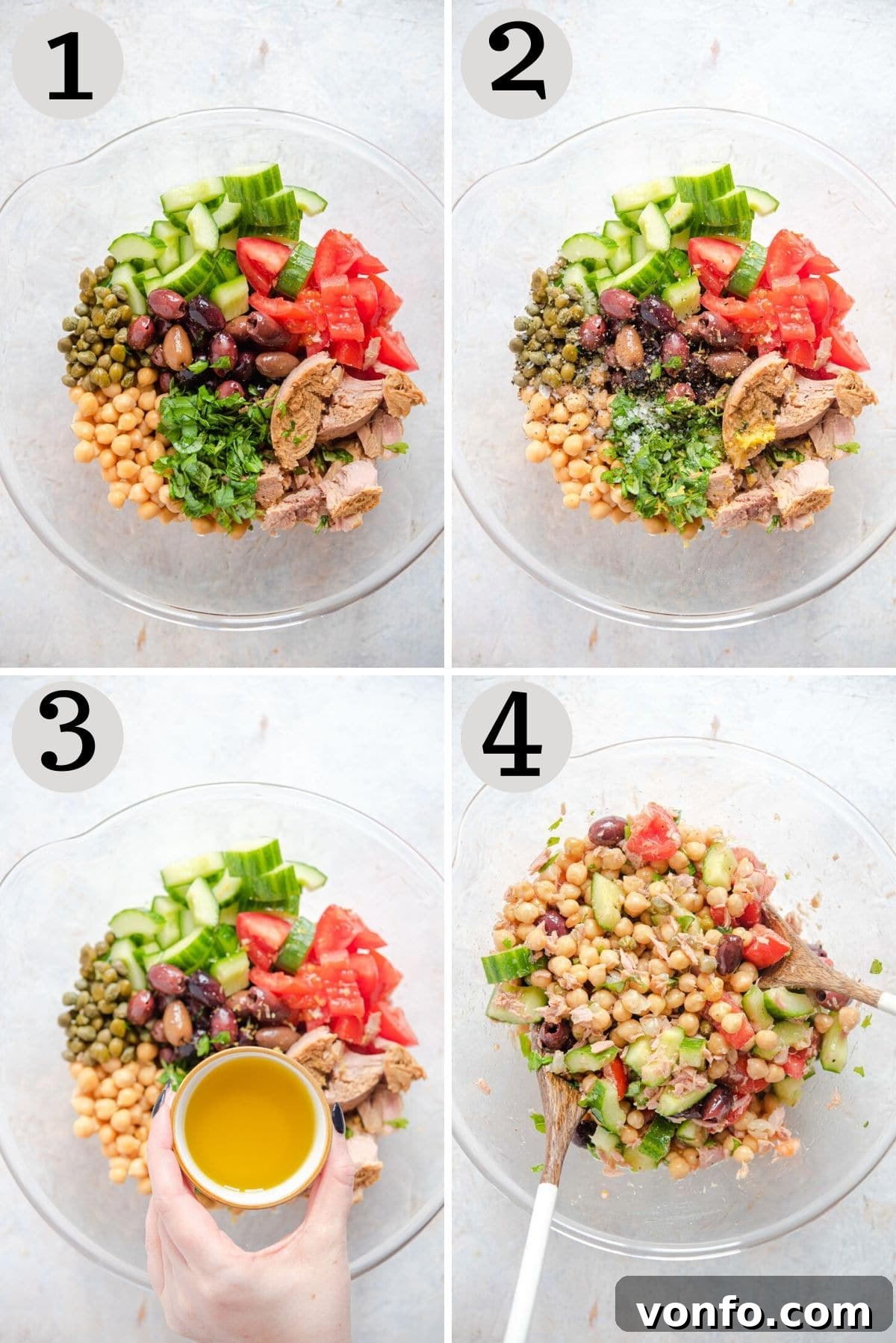 Faux Tuna Chickpea Salad 4 A two-panel step-by-step image showing the initial combination of ingredients and the addition of lemon zest and juice for a Chickpea Tuna Salad.