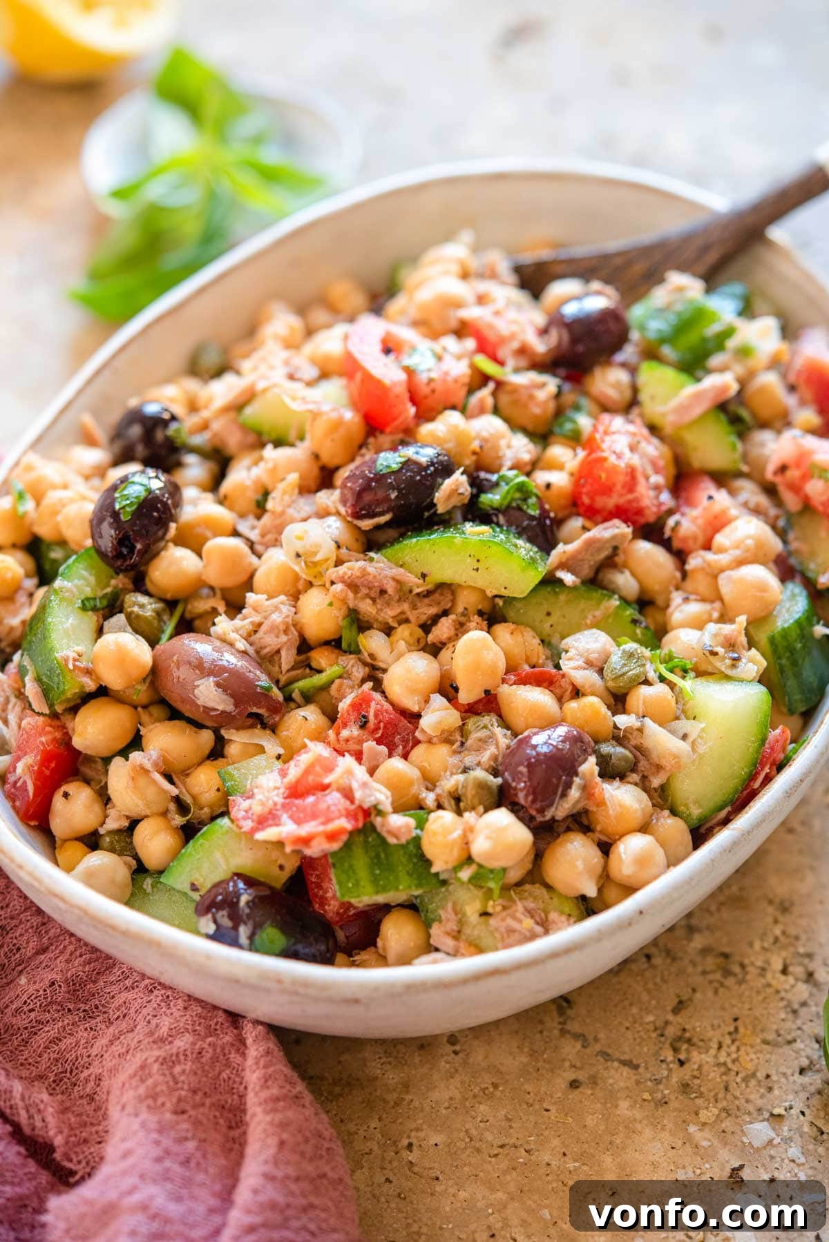 Faux Tuna Chickpea Salad 5 A side shot of the freshly prepared Chickpea Tuna Salad, presented beautifully in a large ceramic bowl, ready to be served.