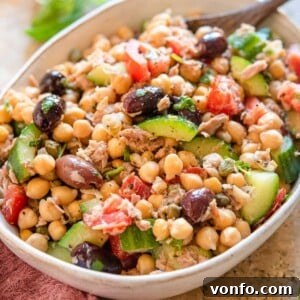 A square thumbnail image of the finished Chickpea Tuna Salad.
