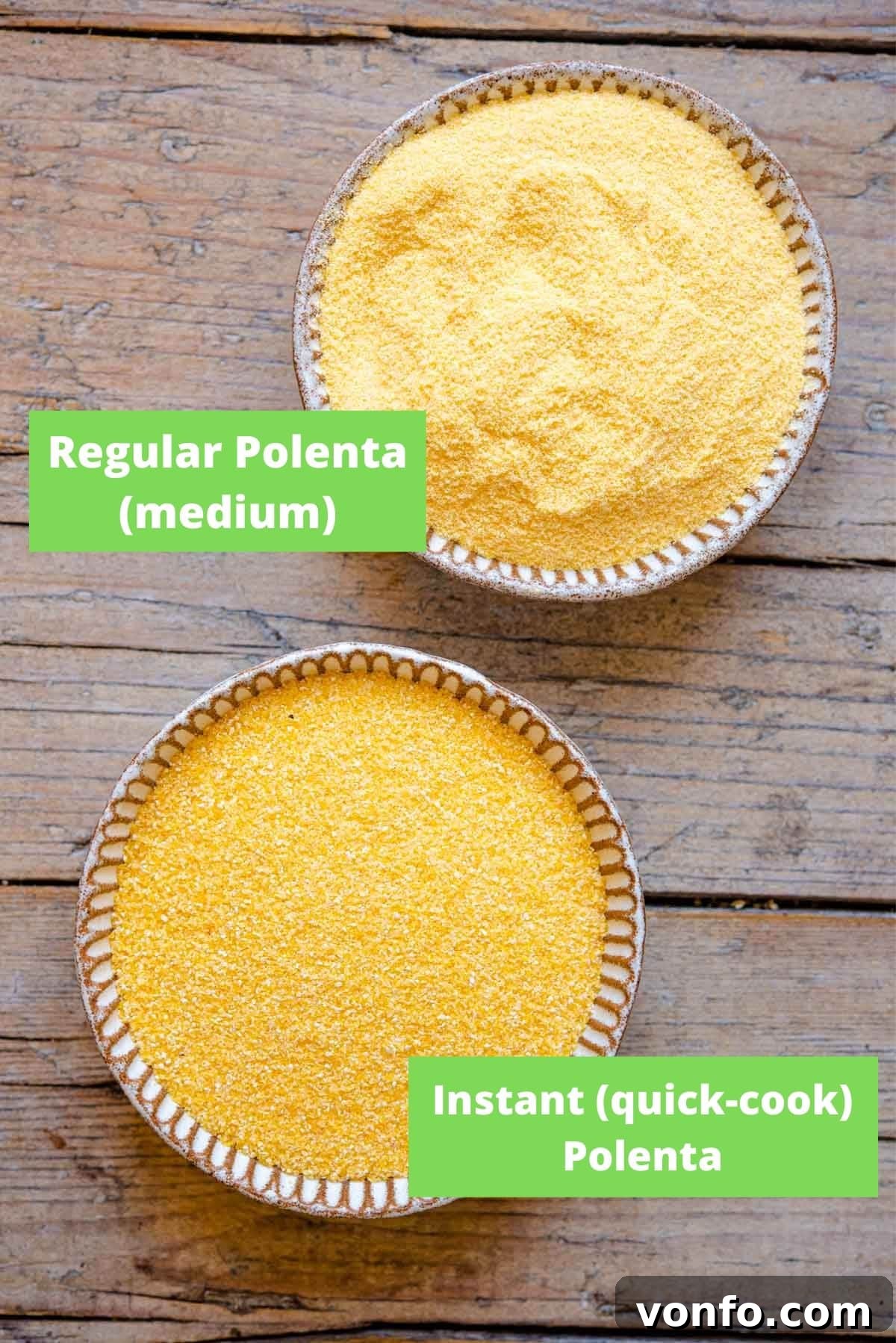 Creamy Italian Polenta 3 An overhead shot showing the difference between medium ground and coarse cornmeal
