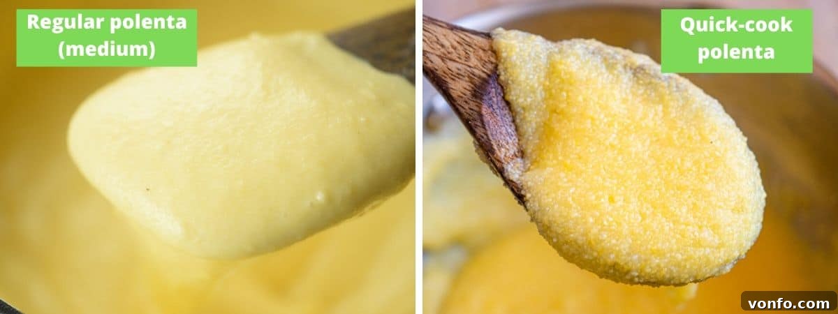 Creamy Italian Polenta 4 Two photos showing the difference between cooked regular polenta and quick cook polenta