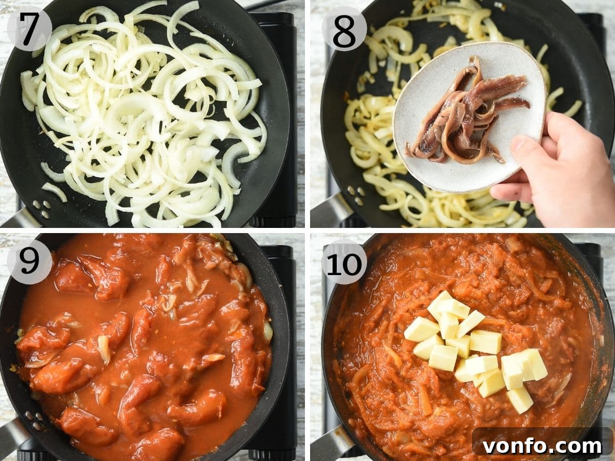 Sicilian Sfincione Pizza 6 Step-by-step photos demonstrating the preparation of the rich Sicilian pizza sauce, incorporating onions, anchovies, and tomatoes