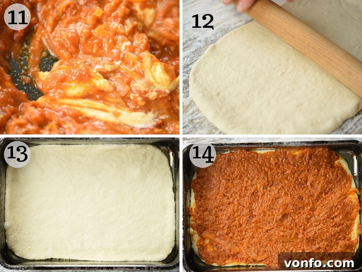 Sicilian Sfincione Pizza 7 Step-by-step photos illustrating how to gently roll out the pizza dough into a rectangular shape for the baking tray