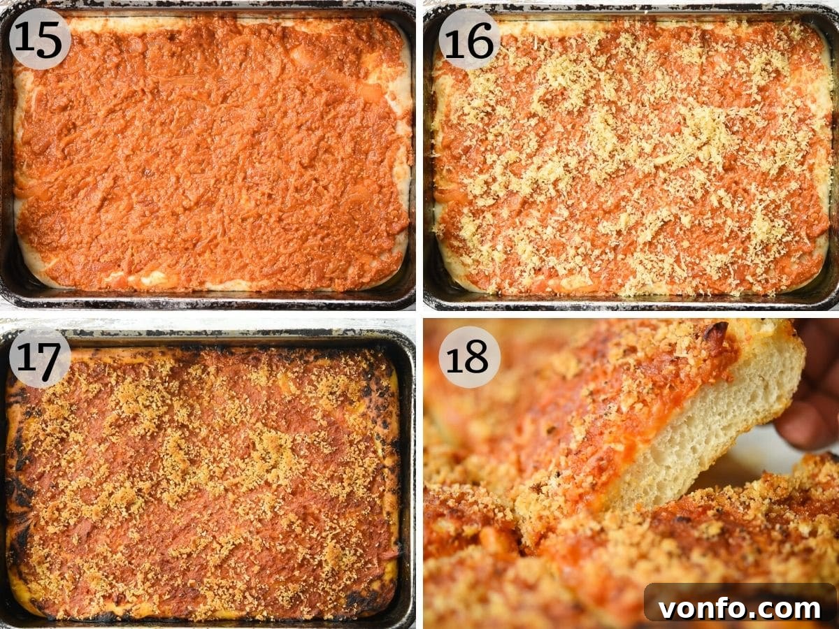 Sicilian Sfincione Pizza 8 Step-by-step photos showing the pizza dough topped with a thick layer of sauce in the baking tray, ready for its second and final proof