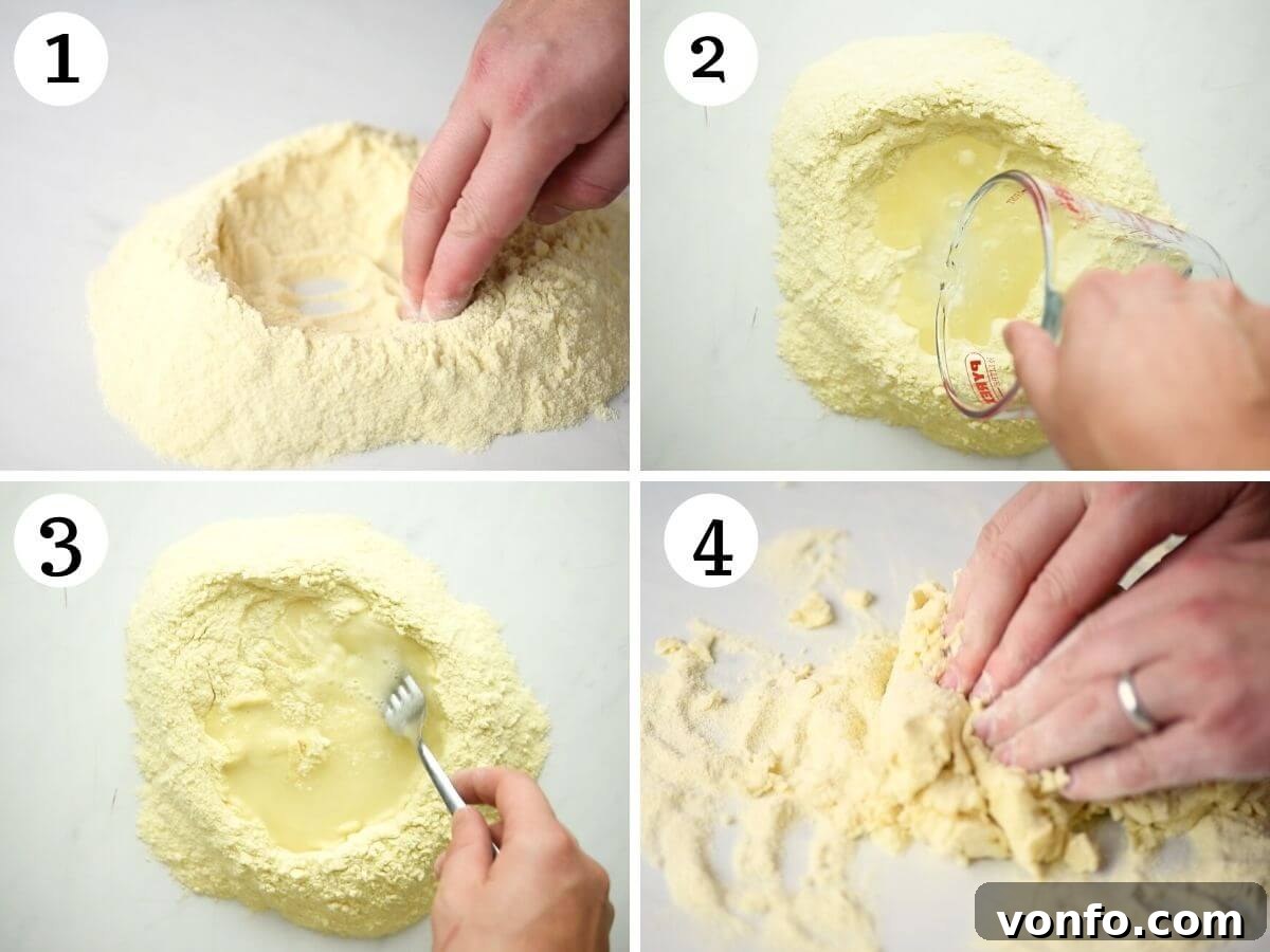 Hearty Eggless Semolina Pasta 4 Step by step photos showing how to make semolina pasta, starting with forming a well in the semolina flour