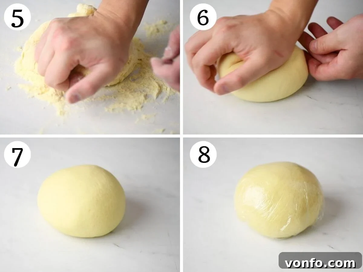 Hearty Eggless Semolina Pasta 5 Step by step photos demonstrating how to knead semolina pasta dough until it is smooth and elastic