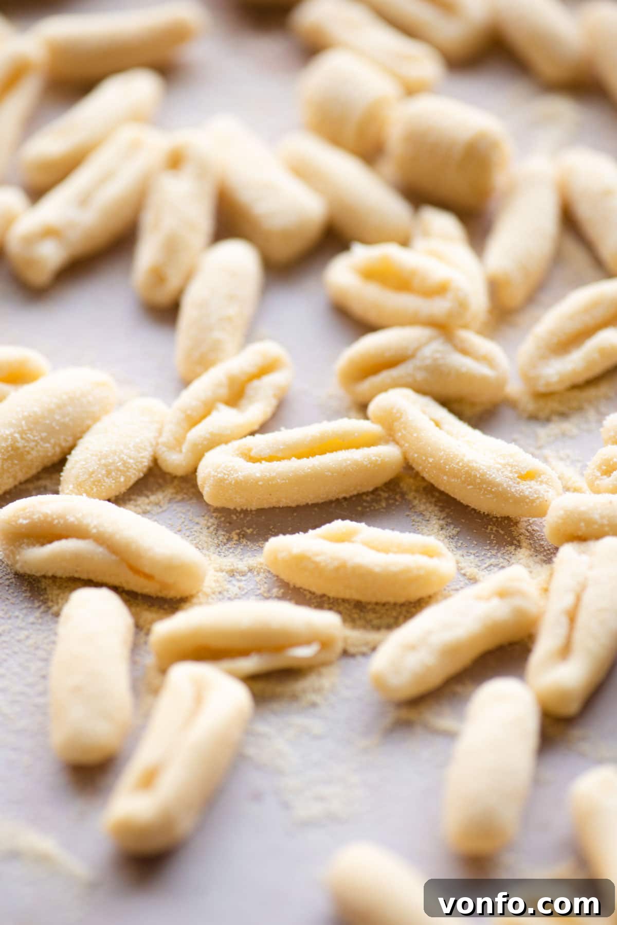 Hearty Eggless Semolina Pasta 6 A close-up shot of various semolina pasta shapes, including Cavatelli and Orecchiette, ready to be cooked