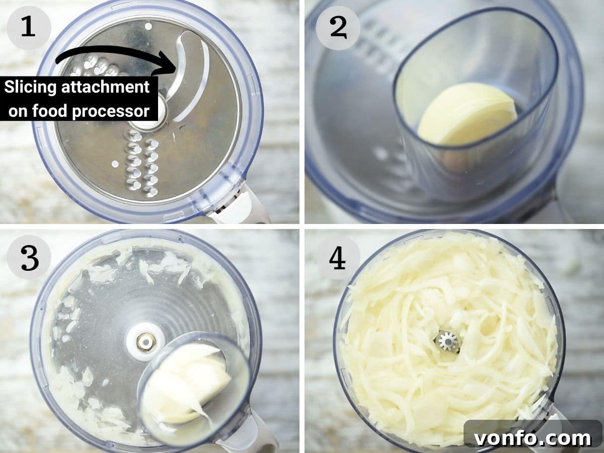 Neapolitan Genovese Sauce: Italy's Slow-Cooked Onion Masterpiece 4 Step by step photos illustrating the crucial process of thinly slicing onions using a food processor, ensuring uniform and fine cuts essential for the smooth texture of Genovese sauce.