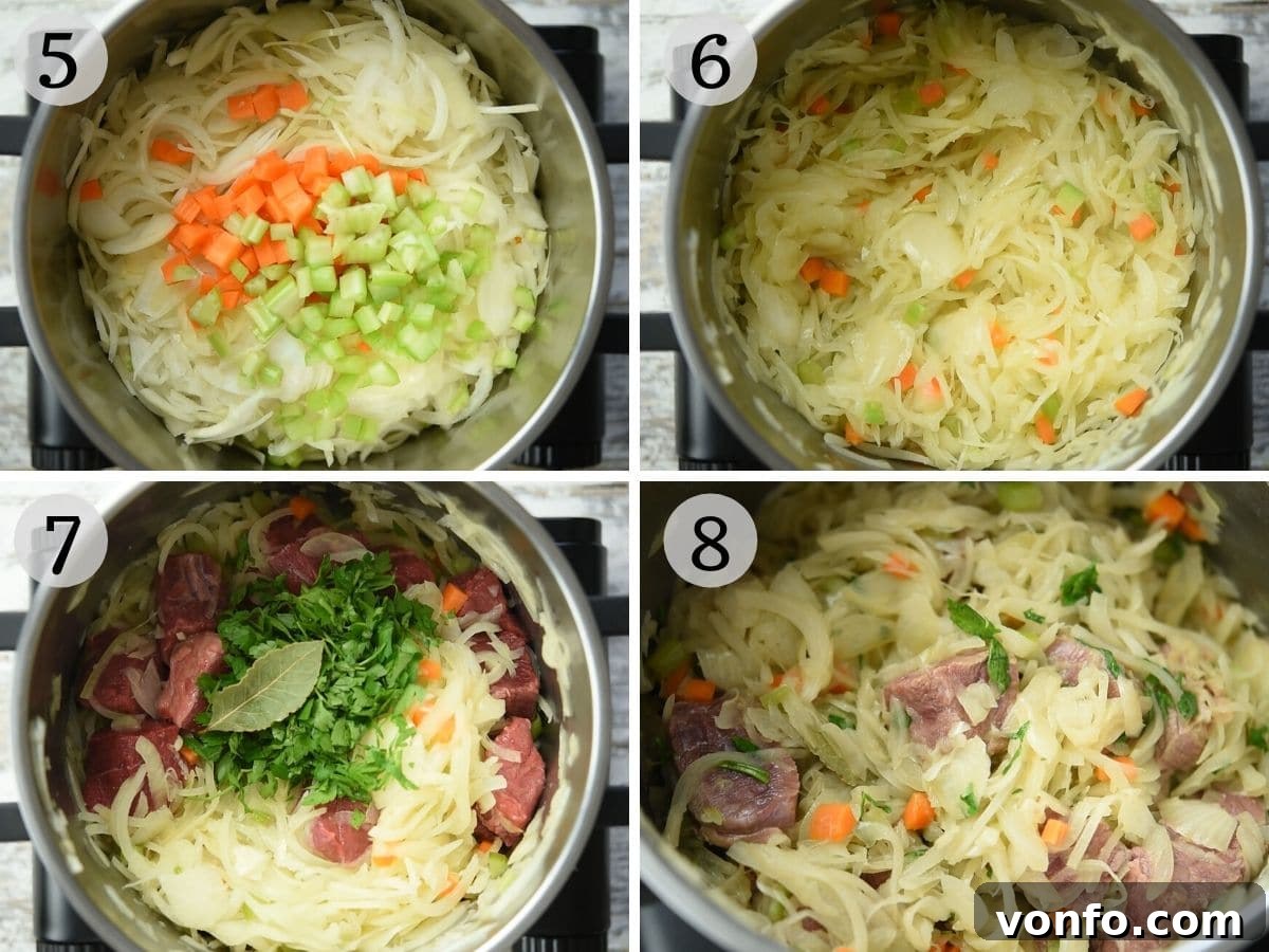 Neapolitan Genovese Sauce: Italy's Slow-Cooked Onion Masterpiece 5 Step by step photos demonstrating the initial stages of making Genovese sauce, beginning with onions, carrots, and celery gently sautéing in a large pot, followed by the browning of the beef for deep flavor.