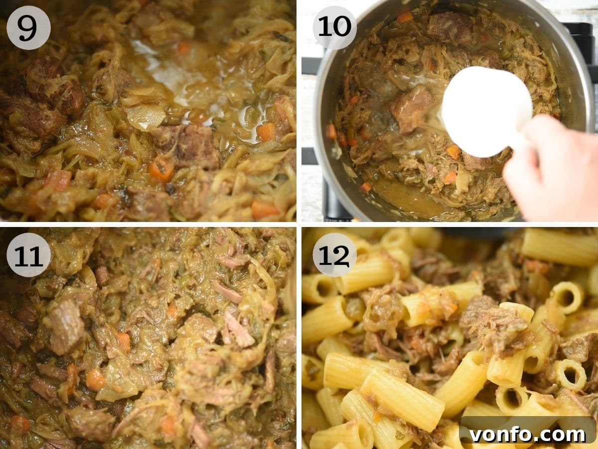 Neapolitan Genovese Sauce: Italy's Slow-Cooked Onion Masterpiece 6 Step by step photos showing the culminating stages of Genovese sauce preparation, after the prolonged slow simmer, revealing a rich, reduced onion and beef sauce glistening and ready to be tossed with pasta.