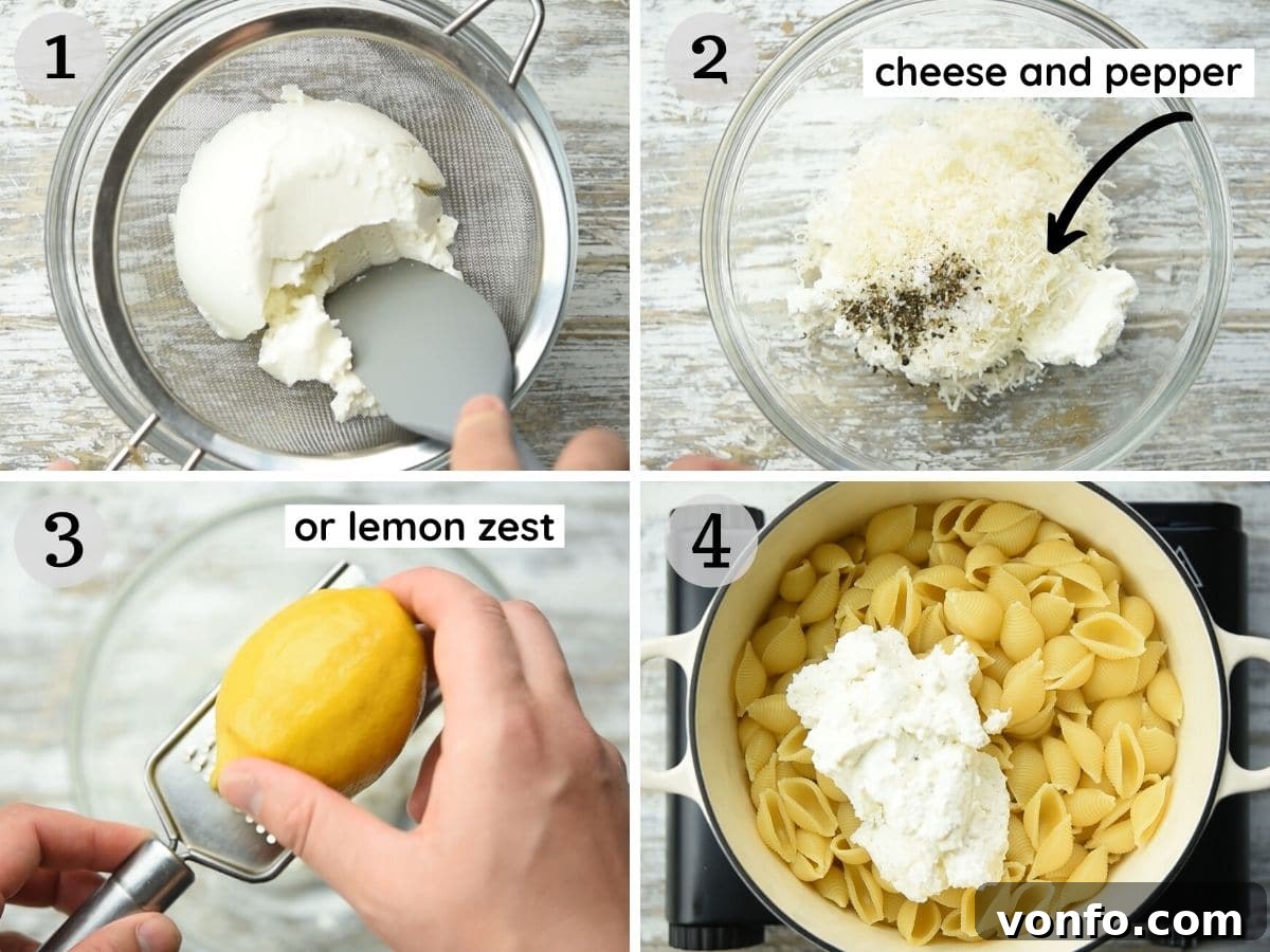 Two Irresistible Ricotta Pasta Sauces 4 Step by step photos showing how to make ricotta pasta with cheese or lemon, including mixing ingredients