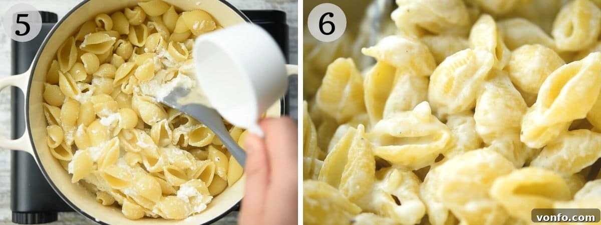 Two Irresistible Ricotta Pasta Sauces 5 Two photos showing how to emulsify pasta sauce with water for a creamy sauce, stirring the ricotta into the pasta