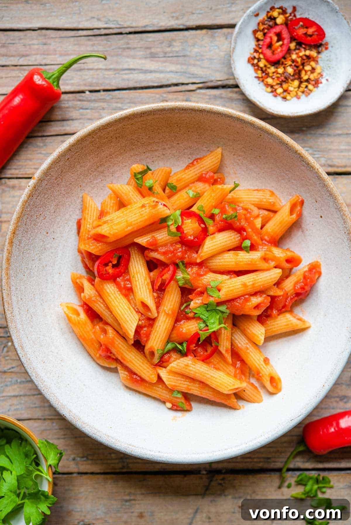 An overhead shot of penne pasta with arrabbiata sauce in a bowl, showcasing its vibrant red color and fresh parsley garnish