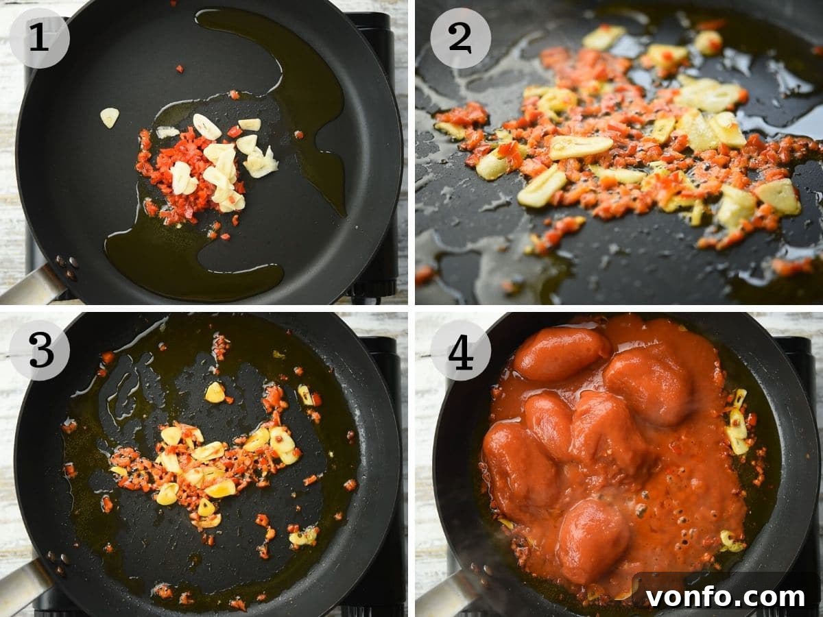 Step by step photos showing how to sauté garlic and chilli to make a pasta sauce, followed by adding and crushing tomatoes