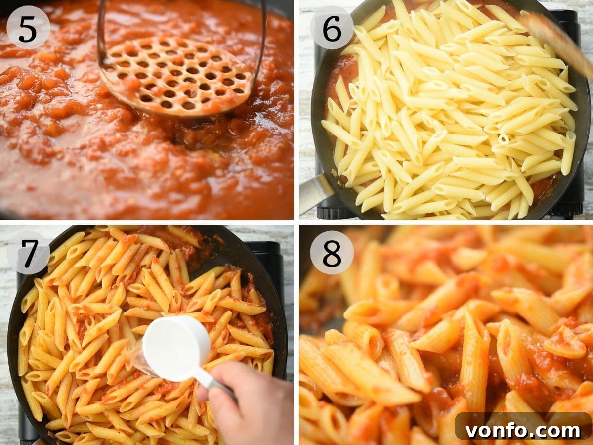 Step by step photos showing how to combine cooked penne pasta with the arrabbiata sauce, tossing it to coat evenly