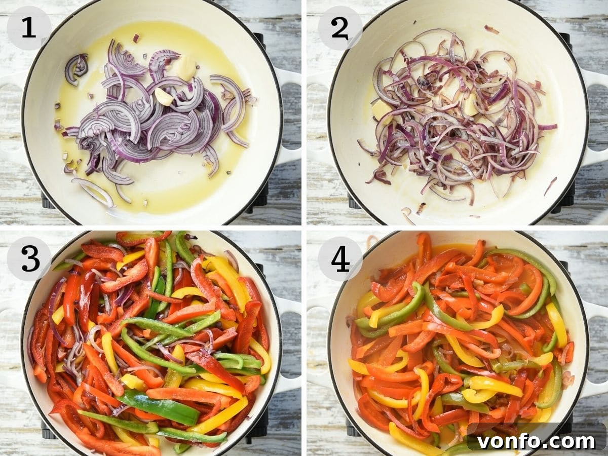 Peperonata: Sweet Bell Peppers in Rich Tomato Sauce 4 Step by step photos showing how to cook peppers and onions in a skillet.