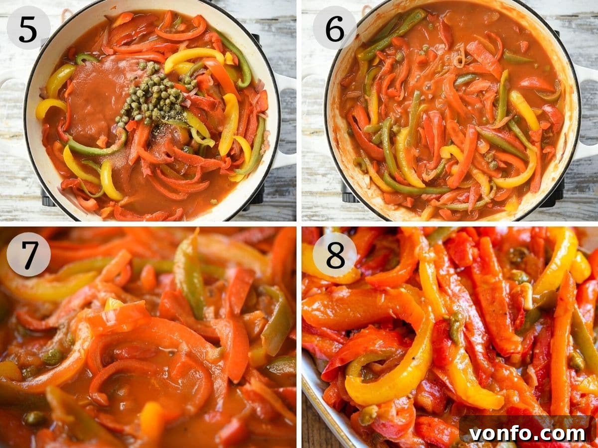Peperonata: Sweet Bell Peppers in Rich Tomato Sauce 5 Step by step photos showing how to make peperonata, adding tomatoes and simmering.