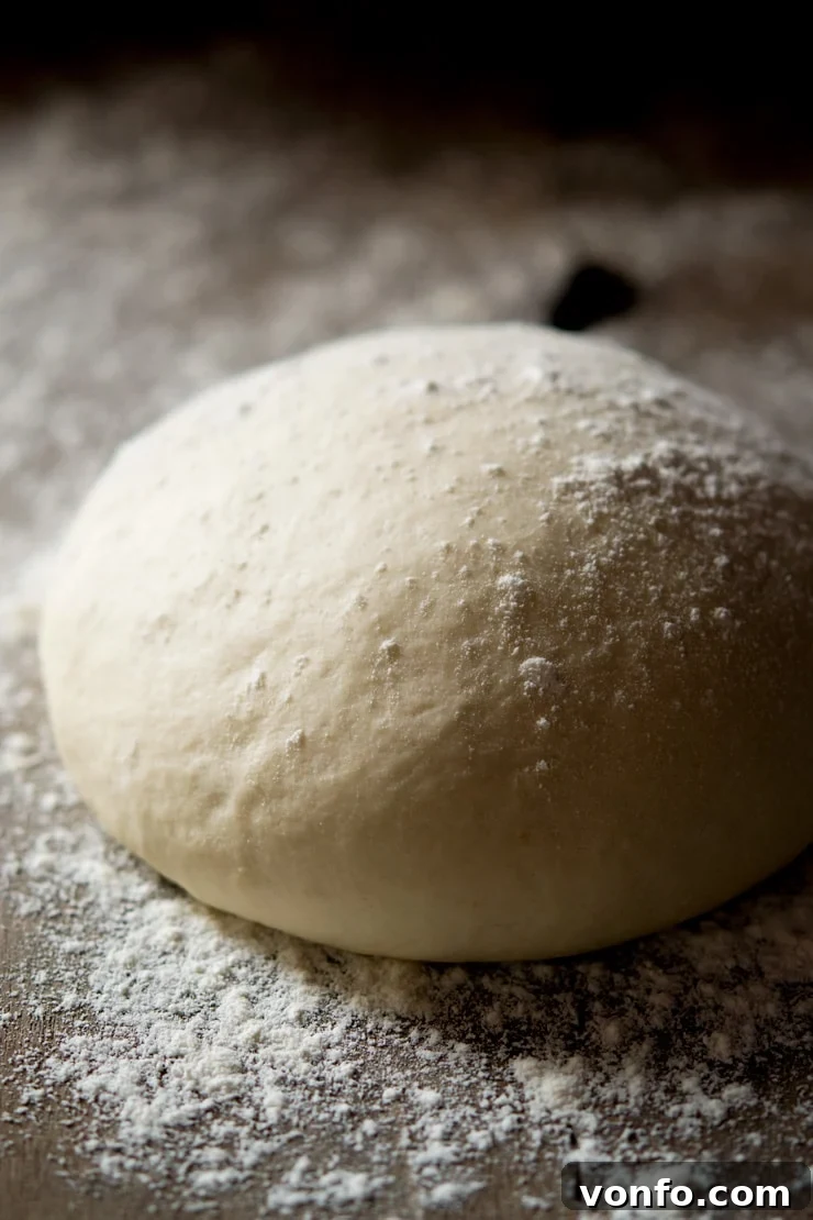 The Ultimate Guide to Flour for Homemade Pizza 3 A close-up view of a perfectly risen, basic pizza dough resting on a rustic wooden surface, ready for shaping.