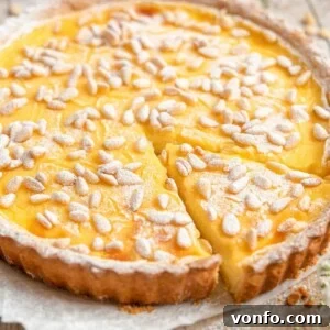 Torta della Nonna, an Italian custard tart with pine nuts