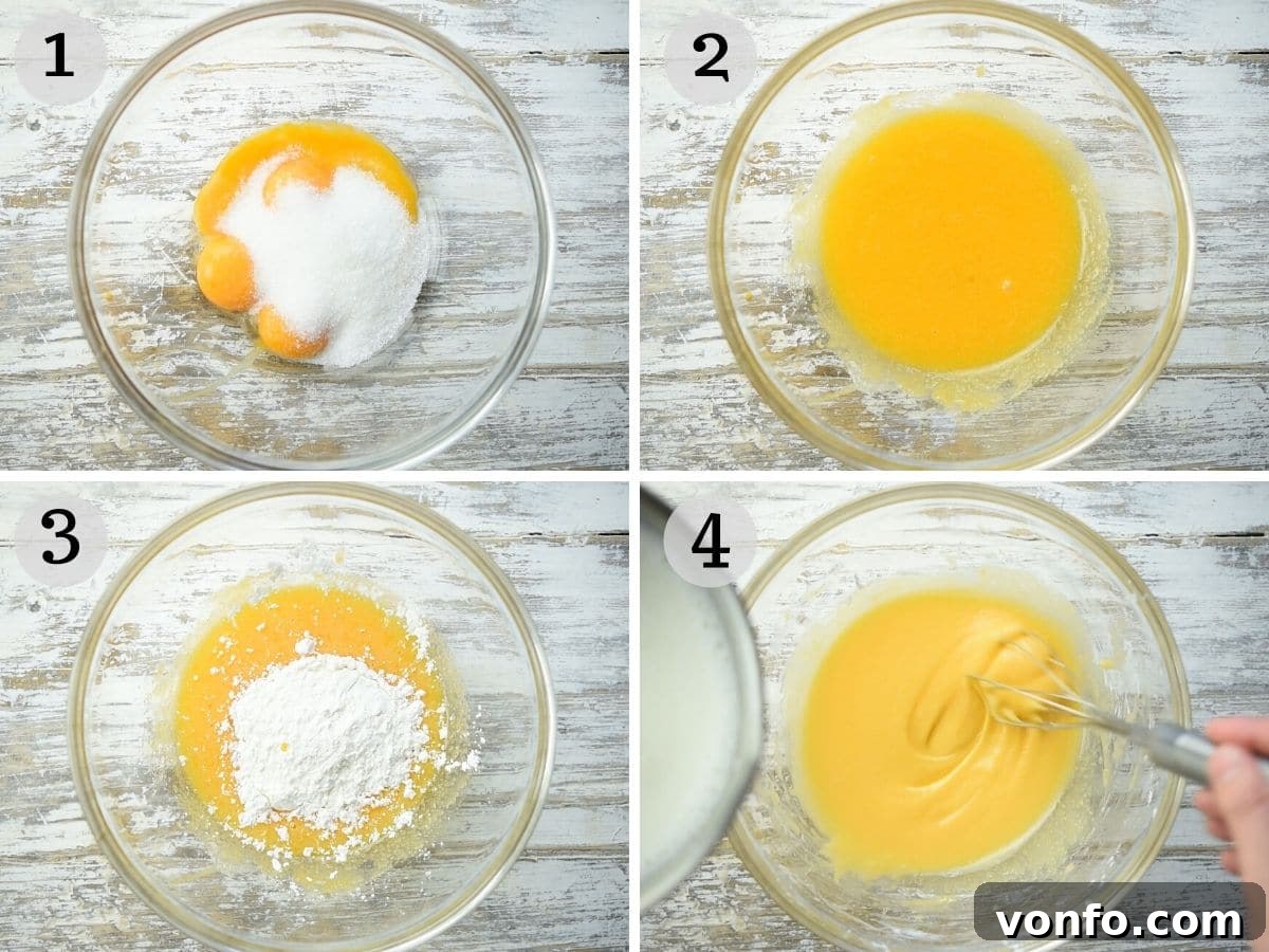 Torta della Nonna Italian Golden Custard Tart 5 Step by step photos showing mix eggs, cornstarch, sugar and milk together