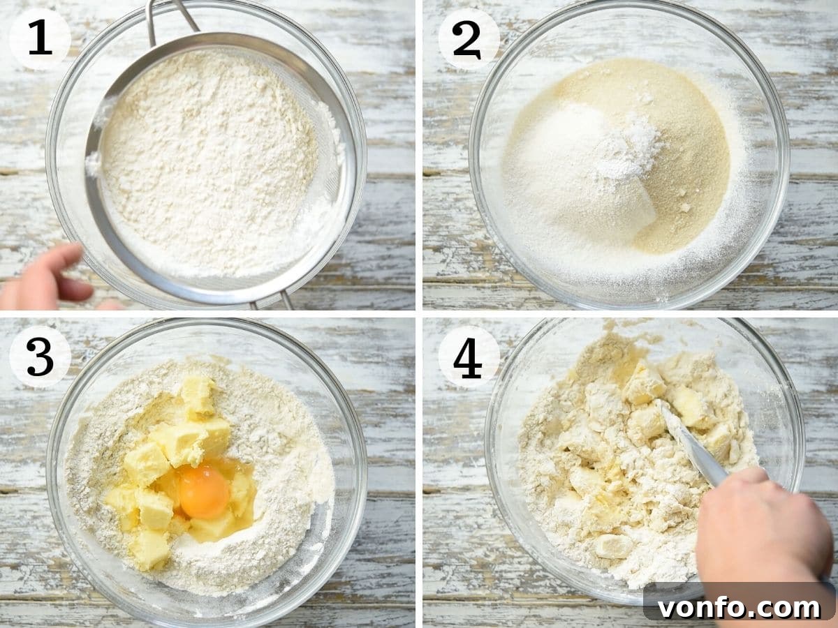 Traditional Italian Sweet Shortcrust Pasta Frolla 4 Step by step photos showing how to make Italian sweet shortcrust pastry, from combining ingredients to forming the dough.