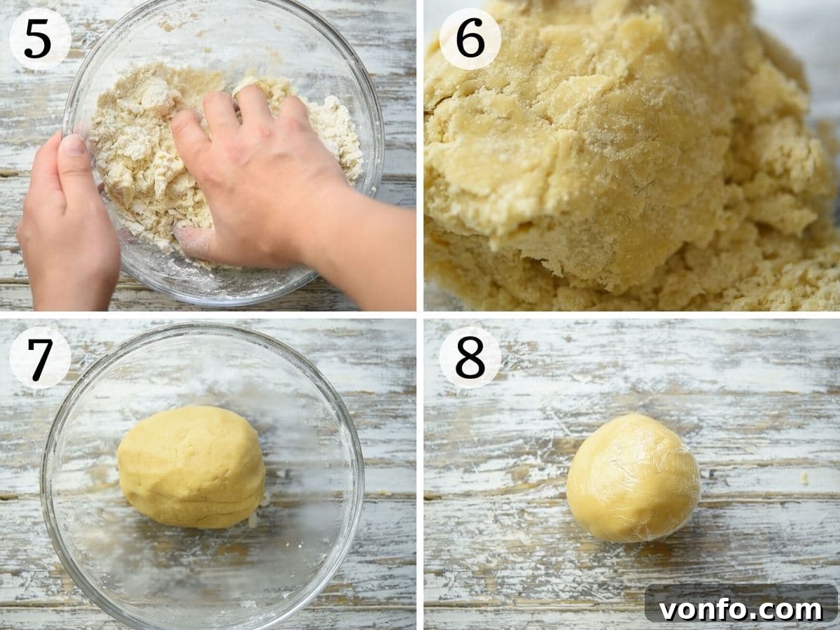 Traditional Italian Sweet Shortcrust Pasta Frolla 5 Step by step photos showing how to knead sweet shortcrust pastry into a smooth ball and wrap it for chilling.