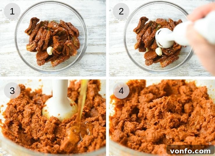 Simple Sun-Kissed Tomato Pesto 3 Step by step photos for making red pesto, showing ingredients and blending process
