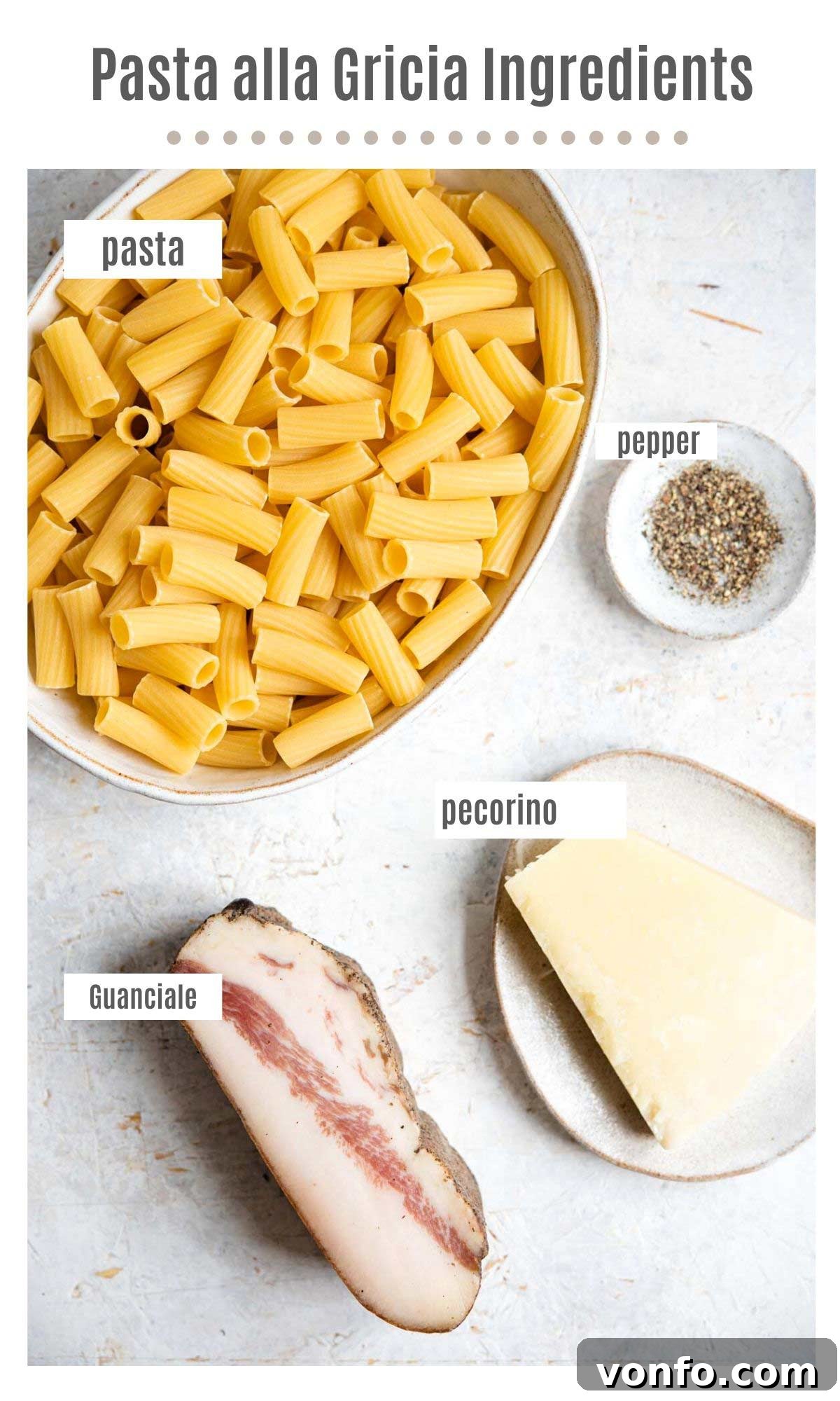 Classic Gricia Pasta 3 An overhead shot showcasing the four essential ingredients for Pasta alla Gricia: rigatoni pasta, cubed guanciale, a block of Pecorino Romano, and whole black peppercorns ready to be cracked.