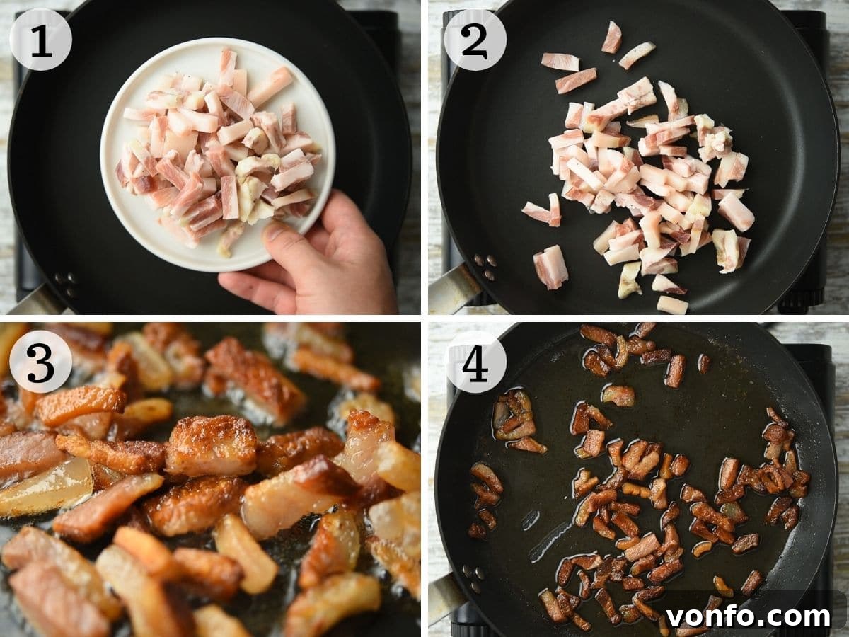 Classic Gricia Pasta 4 Four step-by-step photos showing guanciale being cooked in a pan over medium heat until crispy and golden brown, illustrating the rendering process of its rich fat.