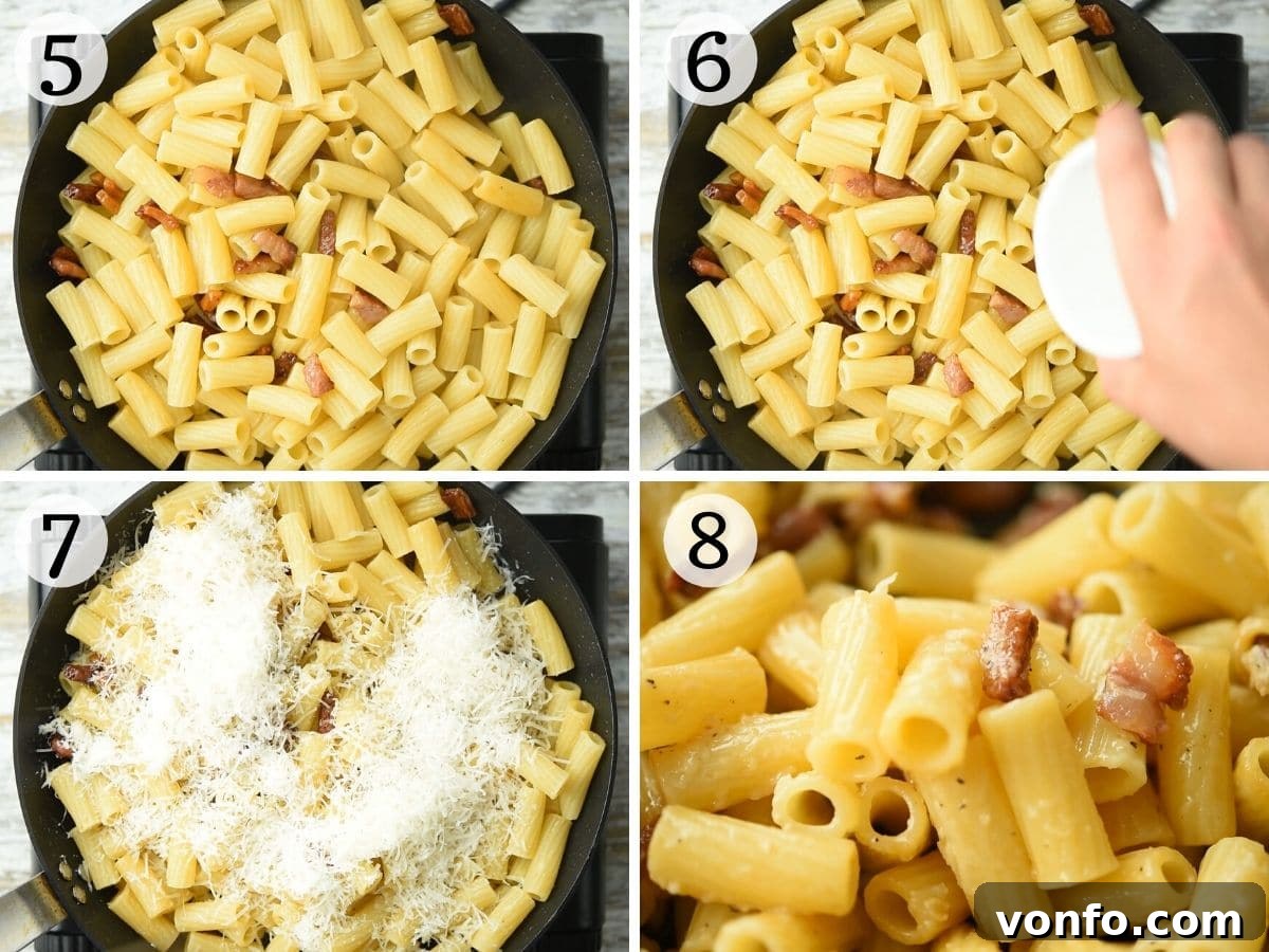 Classic Gricia Pasta 5 Four step-by-step photos illustrating the final stages of making Pasta alla Gricia: adding drained pasta to the pan, stirring with pasta water and Pecorino cheese until a creamy, glossy sauce forms.