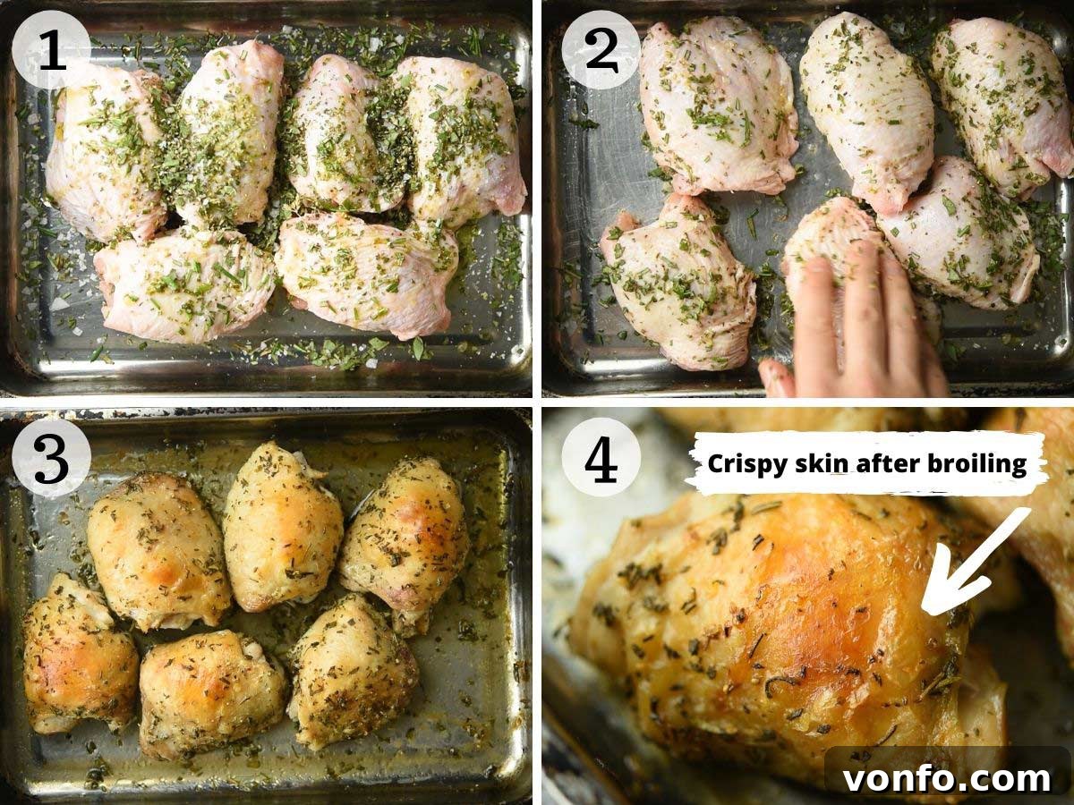 Garlic Parmesan Baked Chicken Thighs 4 Step by step photos showing how to make crispy Italian baked chicken thighs, illustrating herb application.