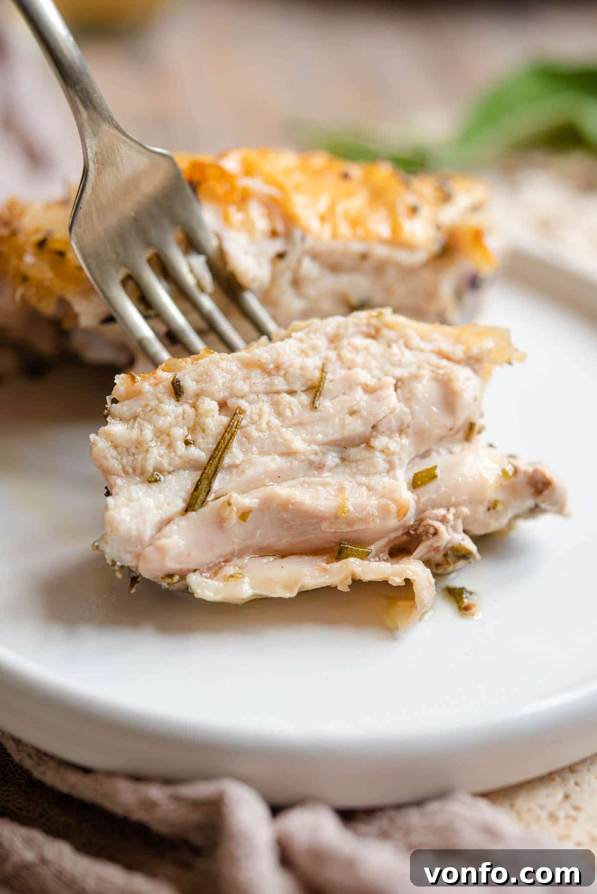 Garlic Parmesan Baked Chicken Thighs 5 A close up of a juicy piece of chicken on a fork, showing the tender meat.