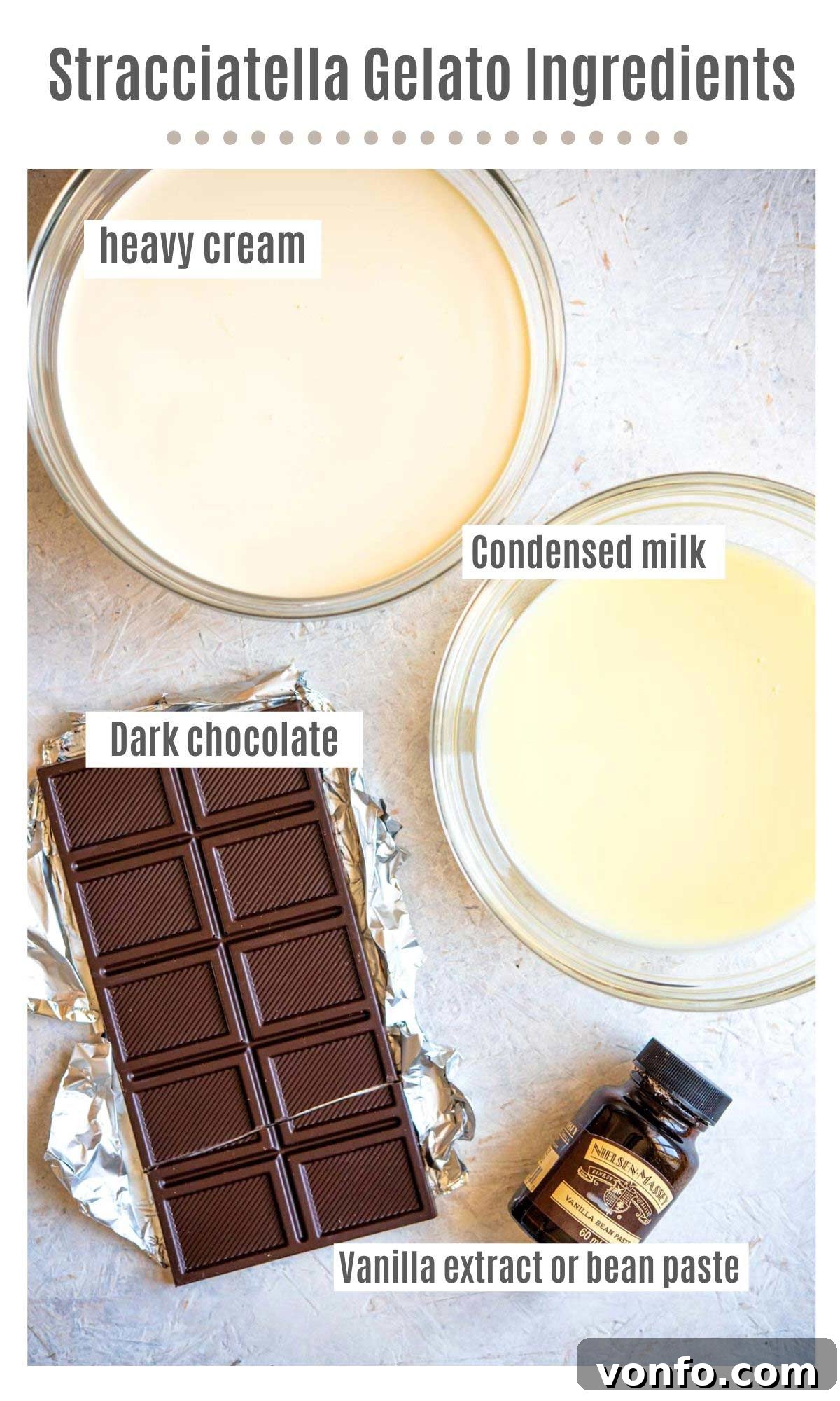 Effortless Stracciatella Gelato Perfection 3 An overhead shot showing all four simple ingredients: heavy cream, condensed milk, dark chocolate, and vanilla extract, laid out on a clean surface.