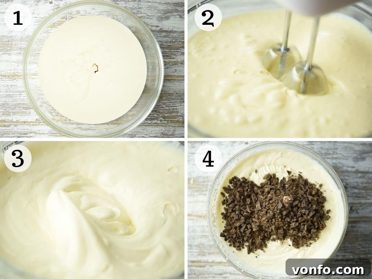 Effortless Stracciatella Gelato Perfection 4 Step-by-step photos illustrating the process of making Stracciatella gelato, showing the cream whipping, and chocolate being folded in.
