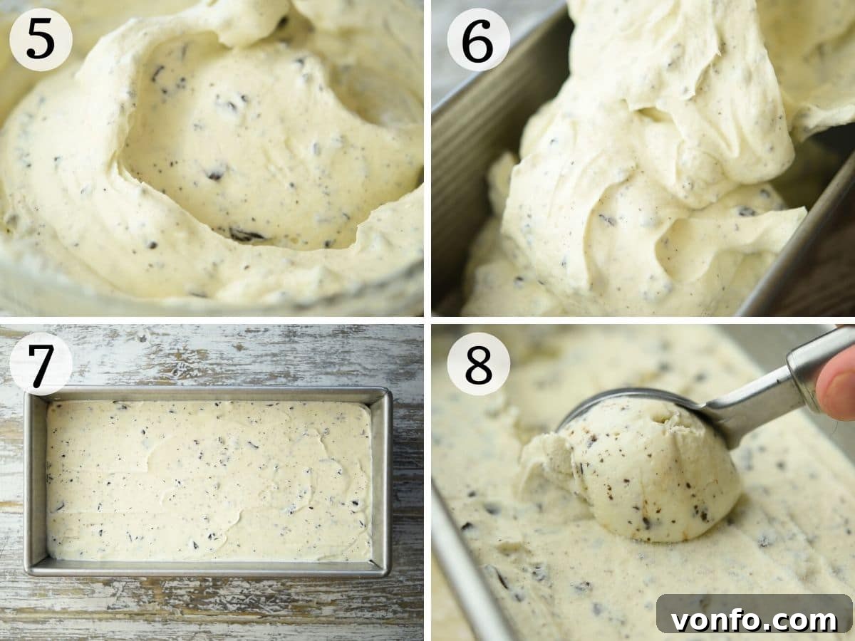 Effortless Stracciatella Gelato Perfection 5 Step-by-step photos showing the gelato mixture before freezing and its final frozen state, perfectly scooped.