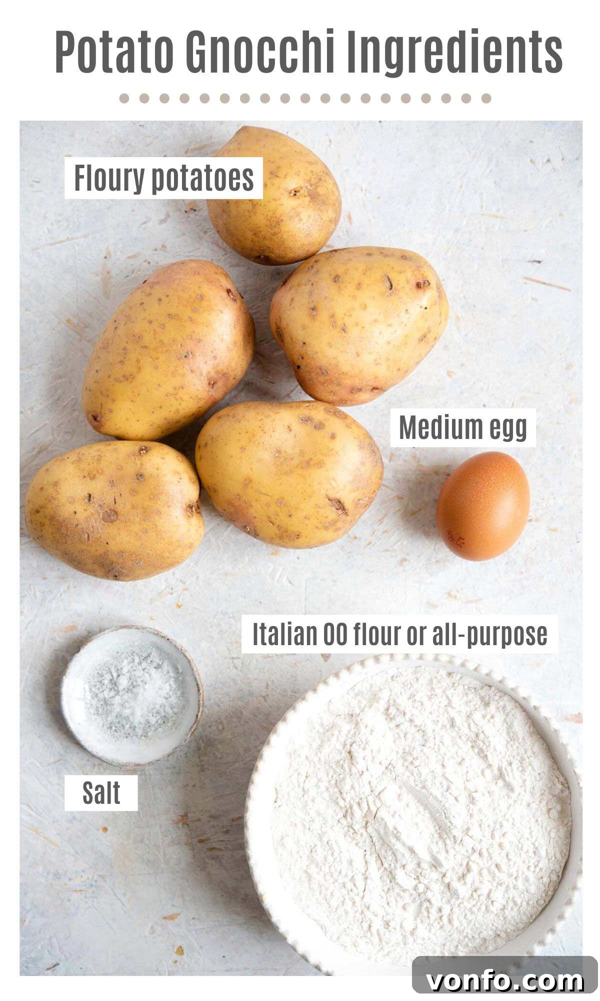 Crafting Perfect Homemade Potato Gnocchi 3 An overhead shot of all the simple ingredients required to make authentic potato gnocchi: potatoes, flour, an egg, and salt.