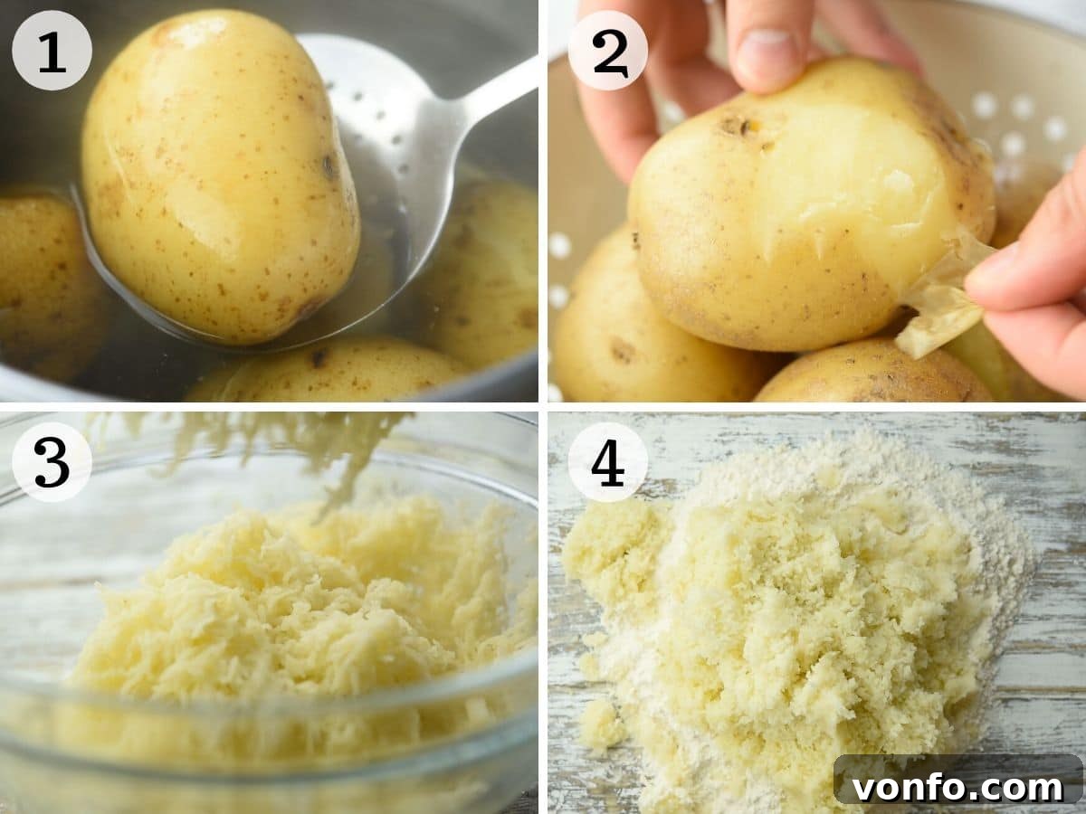 Crafting Perfect Homemade Potato Gnocchi 4 Step-by-step photos illustrating how to cook and then peel potatoes for gnocchi preparation, showing the potatoes simmering and then being peeled by hand.