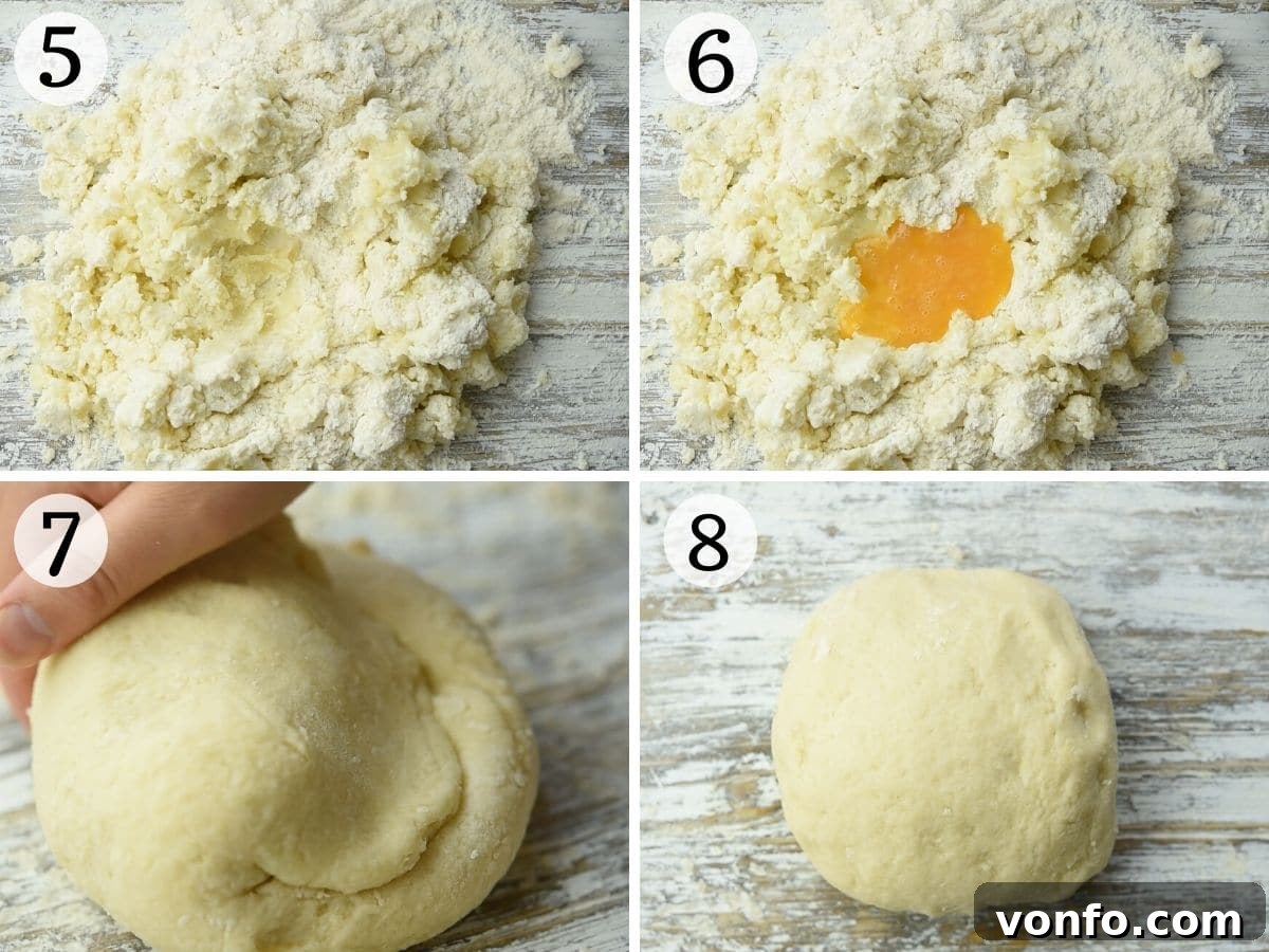 Crafting Perfect Homemade Potato Gnocchi 5 Step-by-step photos demonstrating the process of making gnocchi dough, showing flour, riced potatoes, egg, and salt being combined and gently kneaded.