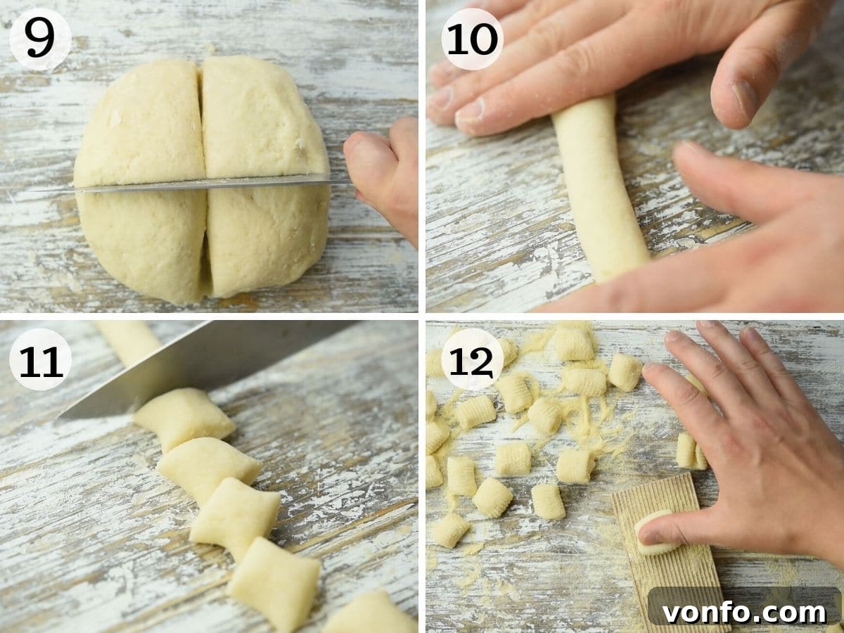 Crafting Perfect Homemade Potato Gnocchi 6 Step-by-step photos demonstrating how to cut and shape potato gnocchi, showing logs of dough being sliced into pieces and then individual pieces being rolled on a gnocchi board.