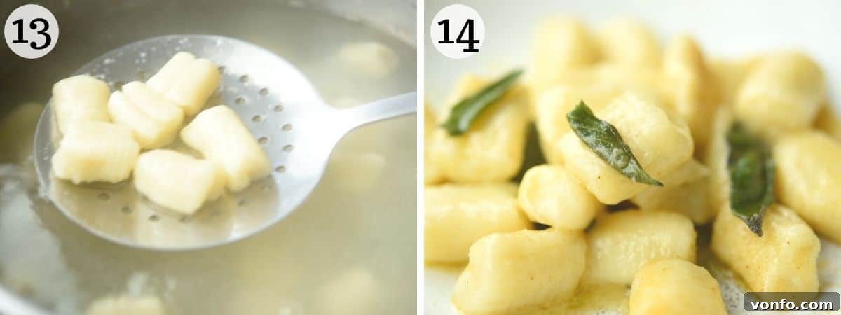 Crafting Perfect Homemade Potato Gnocchi 7 Two photos demonstrating how to remove cooked potato gnocchi from boiling water using a slotted spoon, showing them floating on the surface.