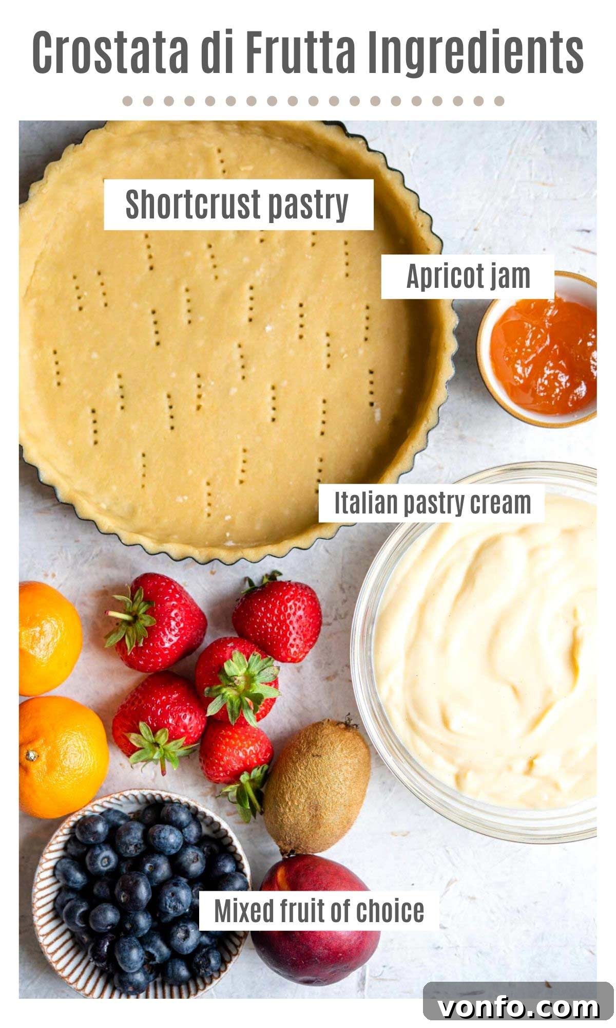 Italian Harvest Fruit Tart 3 An overhead shot of the ingredients you need to make a crostata di frutta (Italian fruit tart)