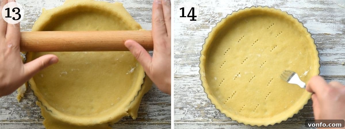 Italian Harvest Fruit Tart 10 Two photos showing how to prepare a tart base for baking