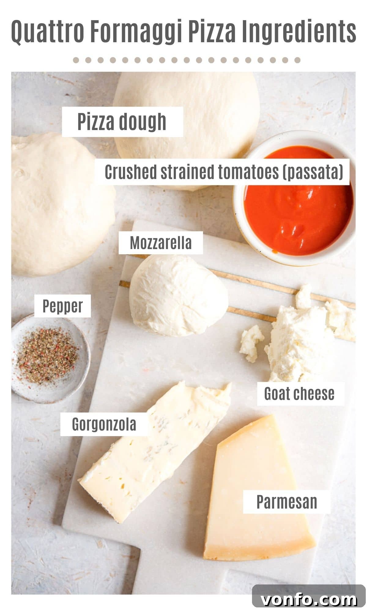 Ultimate Four Cheese Pizza 3 An overhead shot showcasing all the fresh, high-quality ingredients needed to prepare a delicious Quattro Formaggi pizza, including various cheeses, dough ingredients, and tomato sauce.