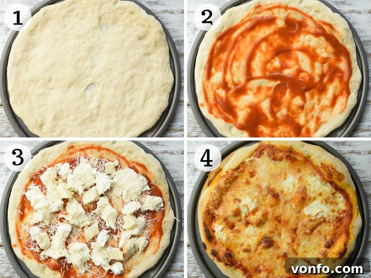 Ultimate Four Cheese Pizza 6 Three step-by-step photos demonstrating how to assemble Quattro Formaggi pizza: placing dough, spreading tomato sauce, and topping with the four cheeses.