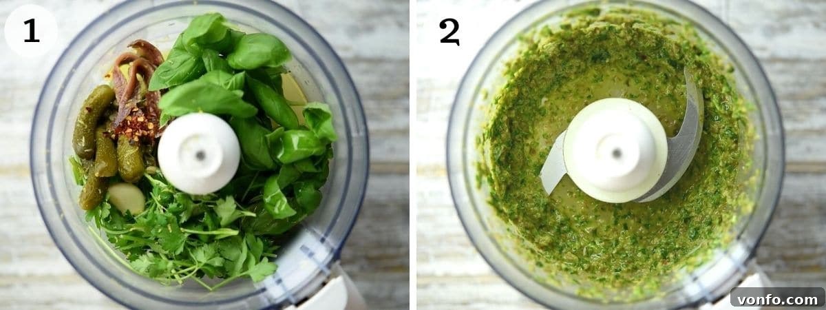Vibrant Italian Salsa Verde 4 Step by step photos showing how to make Italian salsa verde: the first image shows all ingredients ready in a food processor, and the second image shows the final blended vibrant green sauce in the food processor bowl.